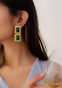 Green Square Shaped Stone Dangling Earrings