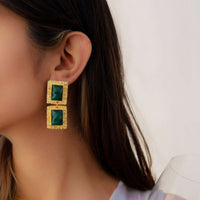 Green Square Shaped Stone Dangling Earrings