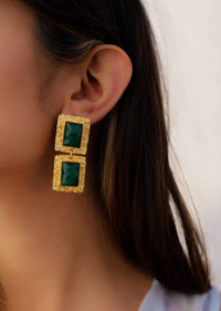 Green Square Shaped Stone Dangling Earrings