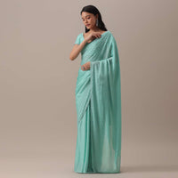 Green Stone And Bead Embellished Saree In Satin