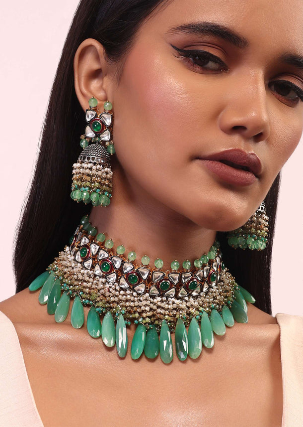 Gold Plated Choker And Earrings Set With Green Stone Drops And Kundan Work