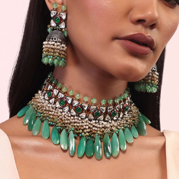 Gold Plated Choker And Earrings Set With Green Stone Drops And Kundan Work