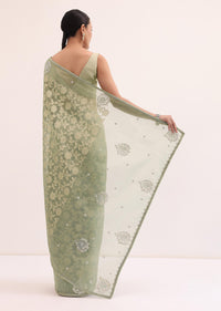 Green Stone Embroidered Tissue Saree With Unstitched Blouse