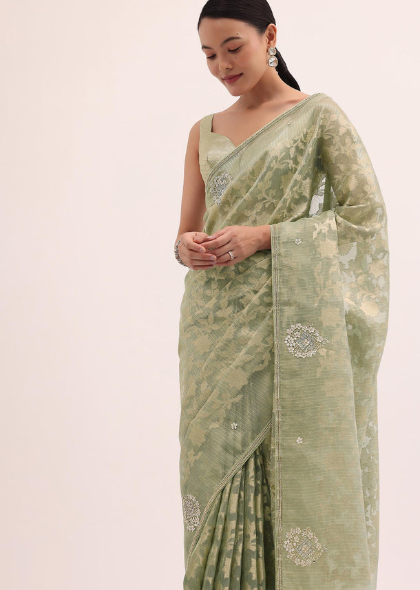 Green Stone Embroidered Tissue Saree With Unstitched Blouse