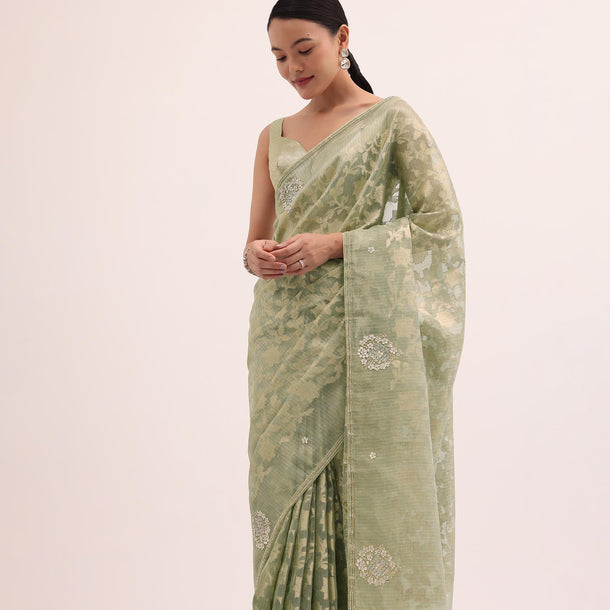 Green Stone Embroidered Tissue Saree With Unstitched Blouse