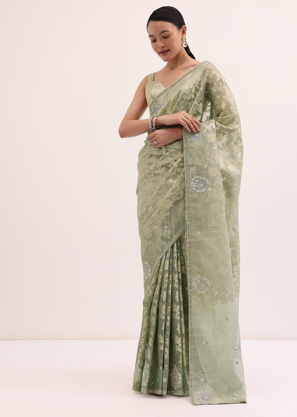 Green Stone Embroidered Tissue Saree With Unstitched Blouse