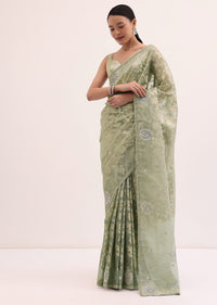 Green Stone Embroidered Tissue Saree With Unstitched Blouse