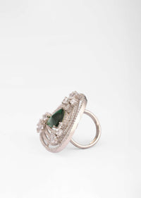 Green Stone Studded Ring With Swarovski Work In Triangle And Floral Design