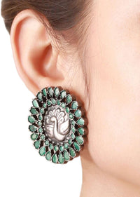 Green Stone Studs With Carved Gold-plated Peacock Design Made In Sterling Silver By Sangeeta Boochra
