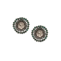 Green Stone Studs With Carved Gold-plated Peacock Design Made In Sterling Silver By Sangeeta Boochra