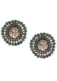 Green Stone Studs With Carved Gold-plated Peacock Design Made In Sterling Silver By Sangeeta Boochra