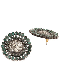 Green Stone Studs With Carved Gold-plated Peacock Design Made In Sterling Silver By Sangeeta Boochra