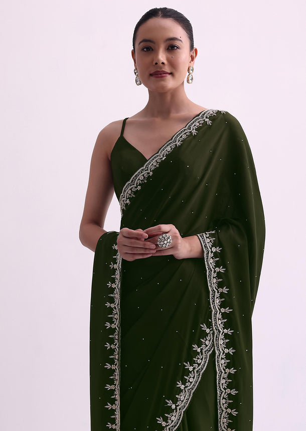 Green Stone Work Satin Saree With Cutdana Border And Unstitched Blouse Fabric