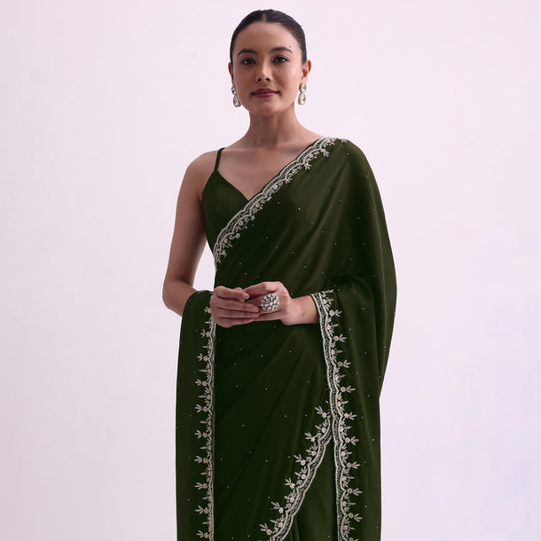 Green Stone Work Satin Saree With Cutdana Border And Unstitched Blouse Fabric