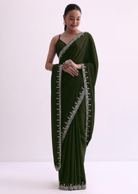 Green Stone Work Satin Saree With Cutdana Border And Unstitched Blouse Fabric