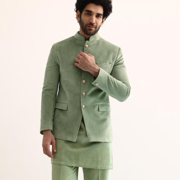 Green Jodhpuri Suit In Suede For Men