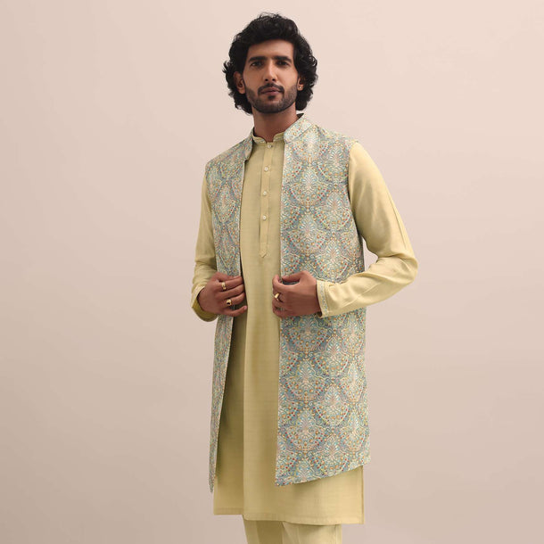 Green Threadwork Kurta Jacket Set For Men