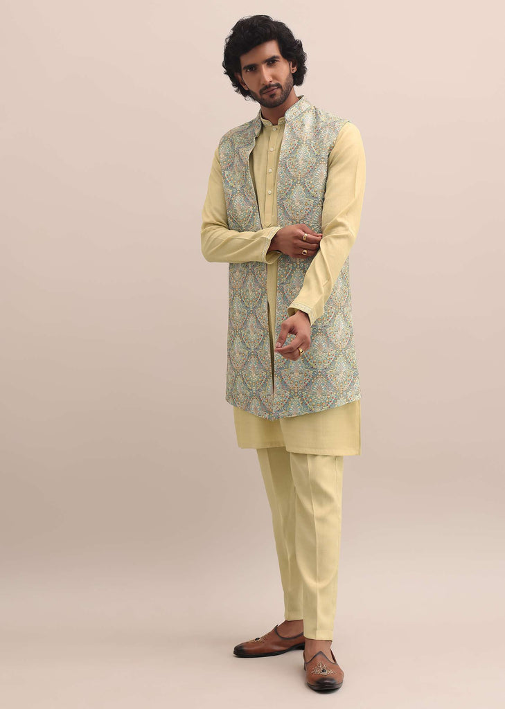 Green Threadwork Kurta Jacket Set For Men