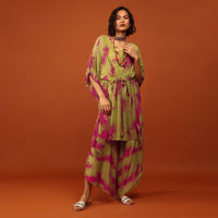 Grass Green Tie Dye Kaftan Set In V Neckline With A Tie-Up Tassel Dori At The Front