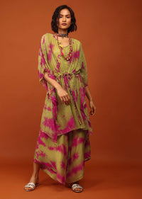 Grass Green Tie Dye Kaftan Set In V Neckline With A Tie-Up Tassel Dori At The Front