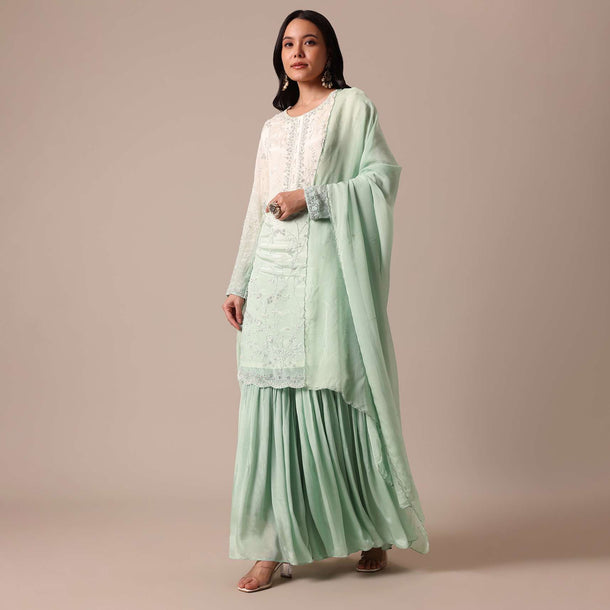 Green Tie Dye Shaded Kurta Sharara Set With Sequin Work