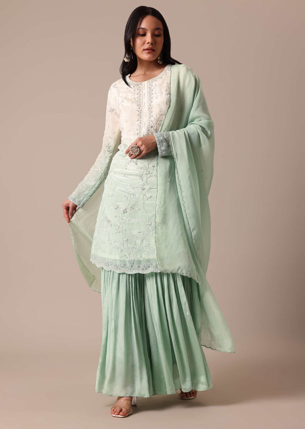 Green Tie Dye Shaded Kurta Sharara Set With Sequin Work