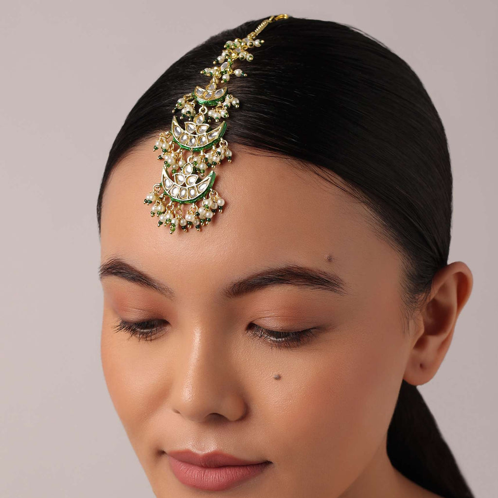 Green Tiered Maangtikka With Studded Kundan And Crescent Moon Motifs