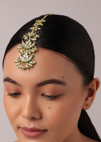 Green Tiered Maangtikka With Studded Kundan And Crescent Moon Motifs