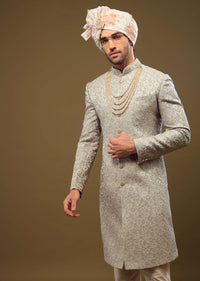 Powder Green Thread Embroidered Sherwani Set In Emboss Fabric