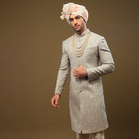 Powder Green Thread Embroidered Sherwani Set In Emboss Fabric