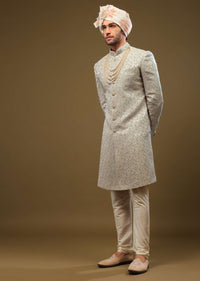 Powder Green Thread Embroidered Sherwani Set In Emboss Fabric