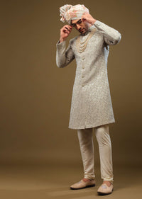 Powder Green Thread Embroidered Sherwani Set In Emboss Fabric
