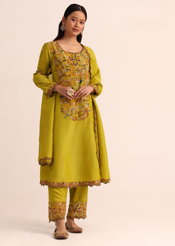 Green Tissue Kurta Set With Dupatta In Thread Work