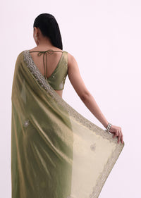 Green Tissue Organza Saree With Scallop Sequin Border And Unstitched Blouse Fabric