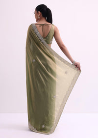 Green Tissue Organza Saree With Scallop Sequin Border And Unstitched Blouse Fabric