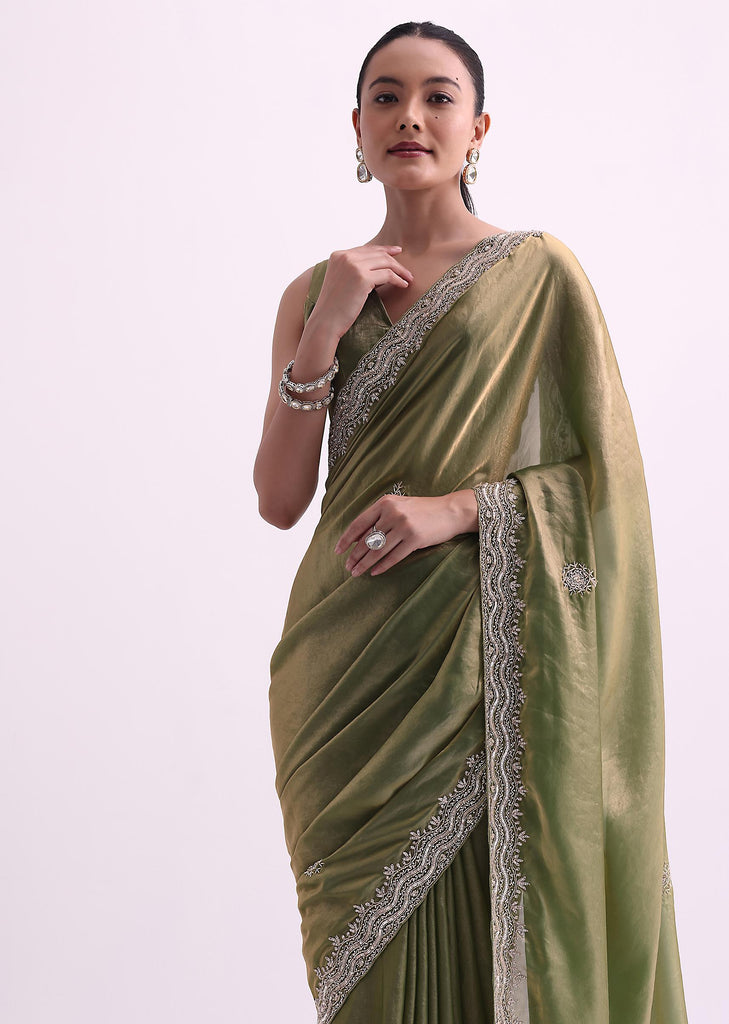 Green Tissue Organza Saree With Scallop Sequin Border And Unstitched Blouse Fabric