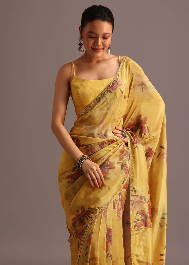 Green Tissue Silk Floral Leaf Printed Saree With Embroidered Border