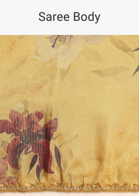 Green Tissue Silk Floral Leaf Printed Saree With Embroidered Border