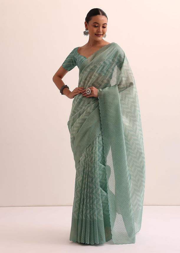 Green Tissue Silk Saree With Stone Embroidery And Unstitched Blouse