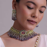 Voilet Toned Gold-Finish Kundan Choker Necklace Set With Colourful Meenakari Work In Mix Metal