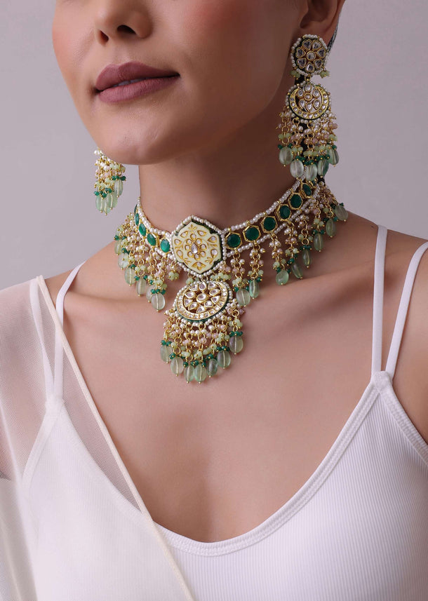 Green Toned Gold-Finish Kundan Choker Necklace Set With Colourful Meenakari Work In Mix Metal