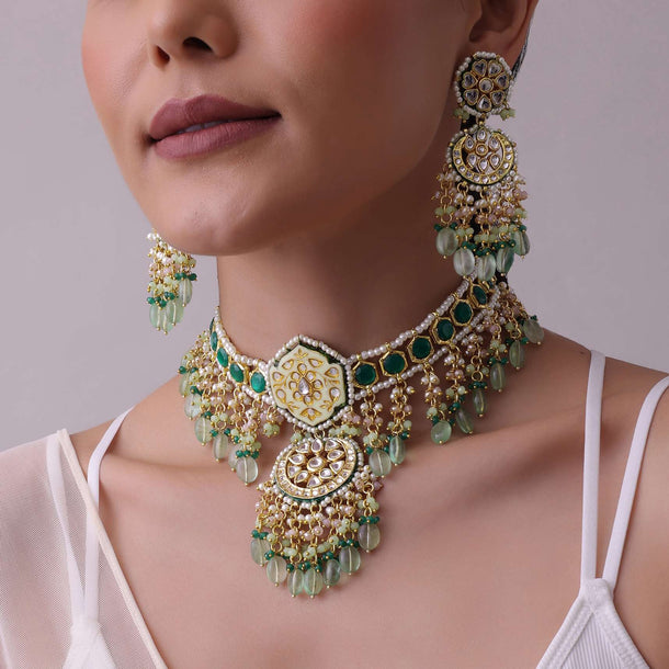 Green Toned Gold-Finish Kundan Choker Necklace Set With Colourful Meenakari Work In Mix Metal