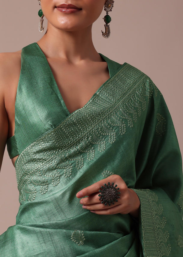 Green Tussar Saree With Unstitched Blouse