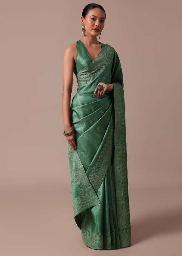 Green Tussar Saree With Unstitched Blouse