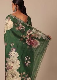 Green Tussar Silk Saree With Mirror Embellishments And Unstitched Blouse Piece