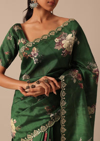 Green Tussar Silk Saree With Mirror Embellishments And Unstitched Blouse Piece