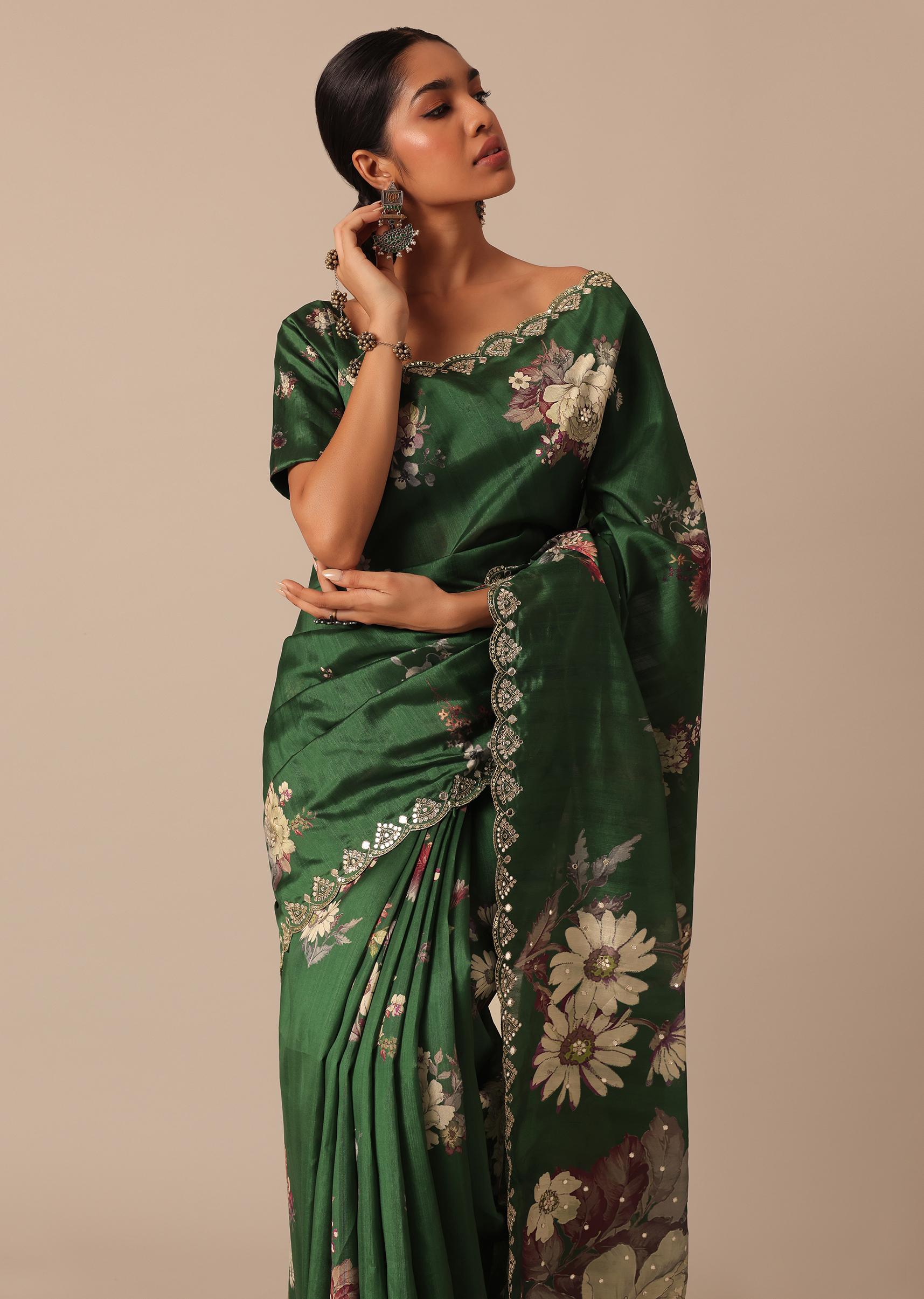 Green Tussar Silk Saree With Mirror Embellishments And Unstitched Blouse Piece