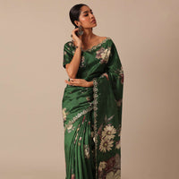 Green Tussar Silk Saree With Mirror Embellishments And Unstitched Blouse Piece