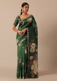 Green Tussar Silk Saree With Mirror Embellishments And Unstitched Blouse Piece