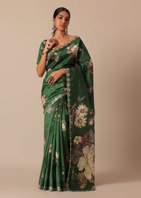 Green Tussar Silk Saree With Mirror Embellishments And Unstitched Blouse Piece